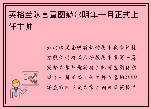 英格兰队官宣图赫尔明年一月正式上任主帅 英格兰队官宣图赫尔明年一月正式上任主帅